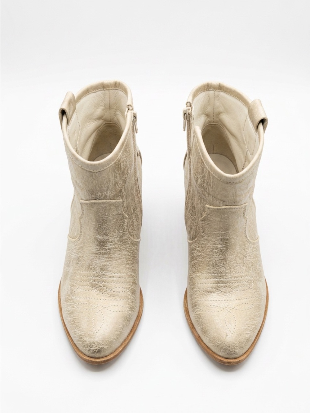 Women's Metallic Cream Ankle Boots - Stylish Zip-Up Booties